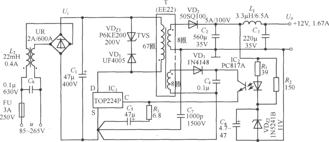TOP224P構(gòu)成的12V、20W開關直流穩(wěn)壓電源電路